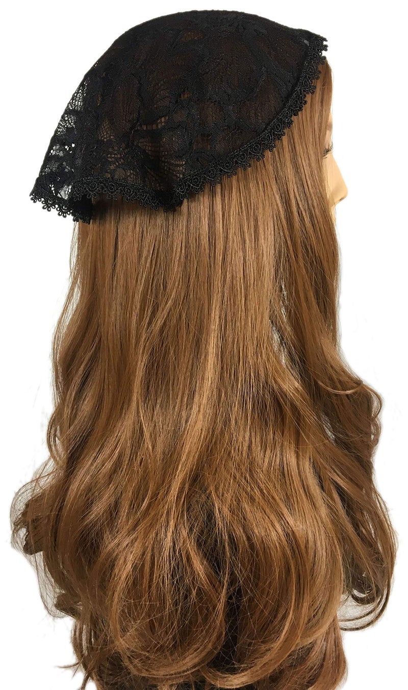 PAMOR Chapel Cap Veil Floral Lace Mantilla Inspired Circle Round Head Covering (Black) - Image 3